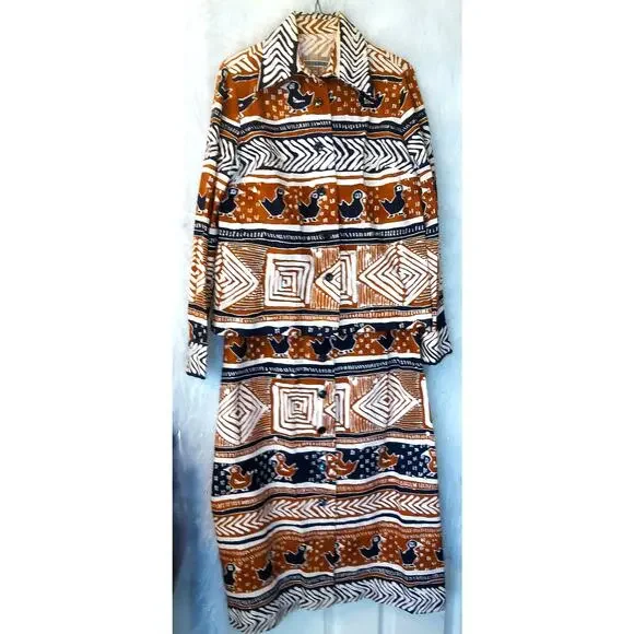 Vintage 90s Tribal Ethnic Bird Print Jacket & Button Front Maxi Skirt Set Boho - Picture 6 of 9